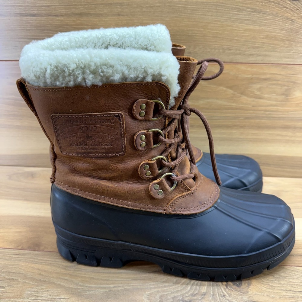 POLO Ralpn Lauren Landen Snow Boots Mens 11 D Black Brown Leather Faux Sherpa